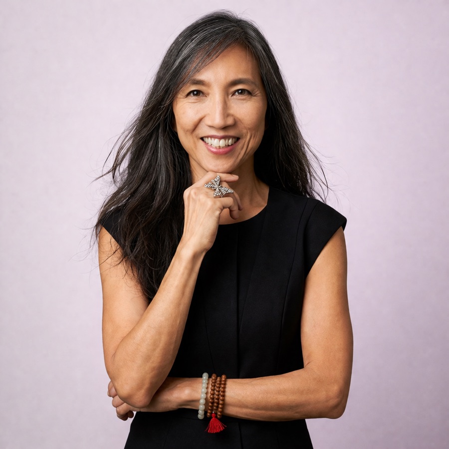 JuJu Love, smiling, one hand resting under her chin, wearing black with mala beads at her wrist.