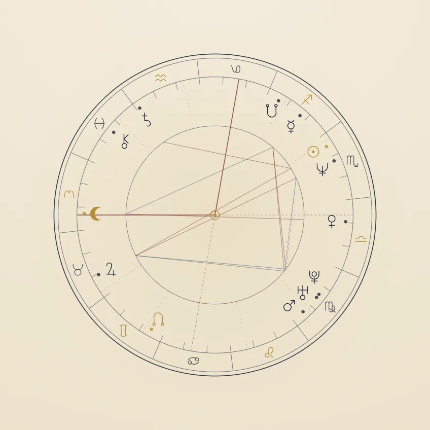 A natal wheel drawn in ink on parchment, with the twelve signs around the rim, the planets placed by degree, and the aspects between them ruled across the centre in oxblood and slate blue.